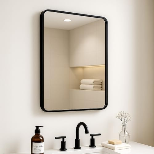 CROWNSHOP Rectangle Wall Mirror with Black Aluminum Frame 54x42cm HD Glass & Rounded Corners, Vertical/Horizontal Hanging for Bathroom, Living Room, Hallway