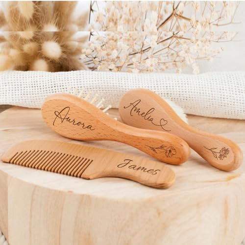 Personalisierte Babybürste und Kamm-Set, Holz-Baby-Haarbürste, gravierte Namensbürste, Babyparty, Geschenk für neue Mutter, Geschenk für Neugeborene (3-teiliges Set)