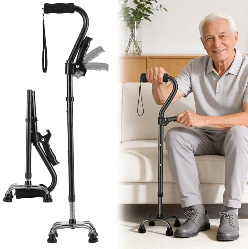 Justerbar promenadkäpp för kvinnor och män med 4-zinkbas, gångkäpp vikbar för seniorer med ergonomiskt mjukt handtag, för stabilitet, stående, balans, ben-OP-återhämtning