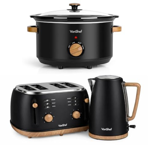 VonShef Slow Cooker, Kettle and Toaster Set – Scandi Kitchen Set, 1.7L Rapid Boil Kettle, Wide Slot Toaster 4 Slice with 6 Browning Controls, Slow Cooker with Glass Lid – Fika Range, Black (6.5L)