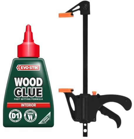 EVO-STIK Clear Wood Glue 125ml & Quick Grip F Clamp Bundle Extra Strong Fast Setting Interior Adhesive with One Handed Ratchet Bar Clamp By Brandy's Complete Woodworking Kit for DIY, Craft & Furniture