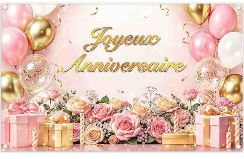Luminora 1,8x1,1 m Toile de Fond Or Rose Joyeux Anniversaire (français) | Fond de Photographie Ballon Floral d'anniversaire Douce Polyester, Décoration de Fête bannière, Accessoires de Studio