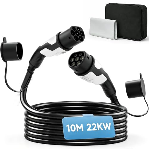 HOMCOM Type 2 EV Charging Cable, 22kW, 32A, Mode 3, 10m Fast Charging Cord | 3-Phase Type 2 to Type 2 EV Extension Cable, Cleaning Cloth, Storage Bag, For Wallboxes, Charging Stations, For EVs/PHEVs