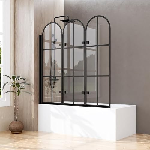 Duschwand für Badewanne 3-teilig 140 x 140 cm Faltbar Badewannenfaltwand, 140cm Glas Badewannenaufsatz mit 6mm ESG Sicherheitsglas, Gewölbter Duschabtrennung