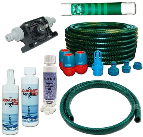 Wasserbetten Service Set Mono mit Bohrmaschinenpumpe Conditioner Vinylreiniger Schlauch Aqua REFIT