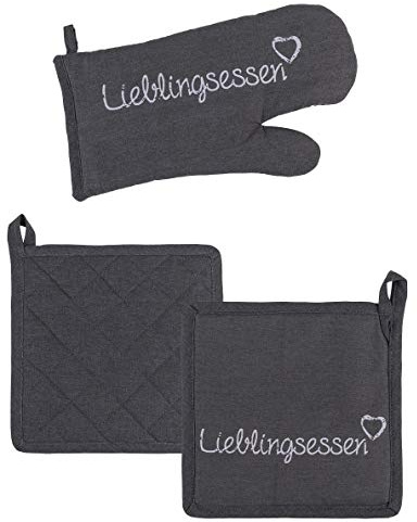 Palleon Ofenhandschuh und Topflappen Set | Hitzebeständiger Topfhandschuh | 100% Baumwolle 20x20 cm | Ofenhandschuhe geeignet zum Kochen, Backen & Grillen | 2 Topflappen 20x20 cm + 1 Topfhandschuh – Motiv Lieblingsessen – mit Aufhängeösen – maschinenwaschbar