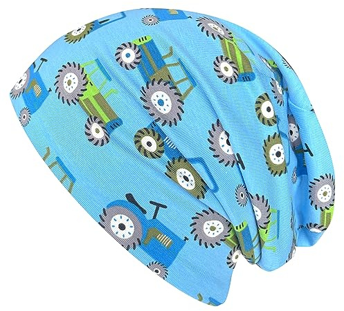 Wollhuhn Kinder Beanie – Zweilagige Longbeanie aus Jersey, wendbar & weich – innen grau – Handmade in Deutschland – ganzjährig (DE/NL/SE/PL, Numerisch, 52, 54, Traktor/Trecker Hellblau)