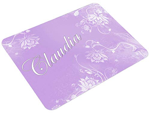 CreaDesign, Frühstücksbrettchen Kinder mit Namen personalisiert, Brettchen Kinder Kunststoff Blumen Flieder, Antirutsch-Noppen, Größe 20 x 25 cm