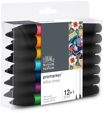 Winsor & Newton 0290162 ProMarker, Professioneller Layoutmarker - 2 Spitzen, fein und breit für Zeichnungen, Design und Layouts - Tattoo Töne 13 Stifte | 0290162 – 13 Promarker Tattoo Hauttöne für Illustrationen, Manga und Charakterdesign