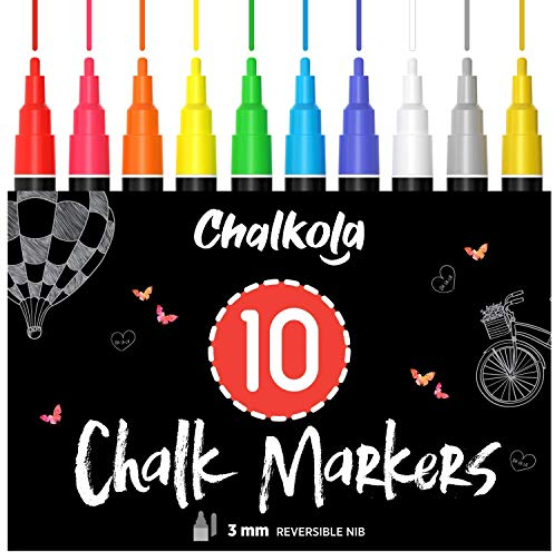 Chalkola Kreidestifte für Tafel abwaschbar, 10 Kreidestifte Neon mit Silber & Gold Stift 3mm umkehbare Spitze - Kreide Stift für Fenster, Glas, Tafel - Liquid Chalk markers für Erwachsene & Kinder