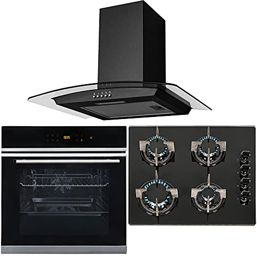 SIA BISO6SS 60cm Black Touch Control 10 Function Single Fan Oven, 4 Burner Gas On Glass Hob & Curved Glass Cooker Hood Kitchen Extractor Fan