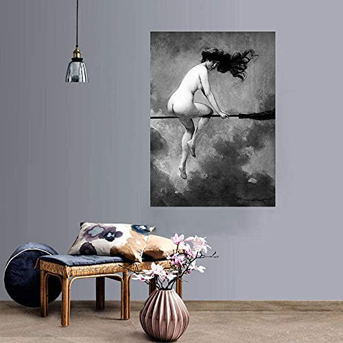 CloudShang Bruja Montar a Caballo Palo de Escoba Poster Vintage Negro Blanco Pared Arte Desnudo Mujer Pintura la Lona Salon Dormitorio Decoracion Cuadro F03180