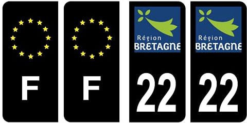 HADEXIA Set of 4 Self-Adhesive Car Number Plate Registration Stickers for Côtes d'Armor Region Brittany Logo Black Colour & F France Europe