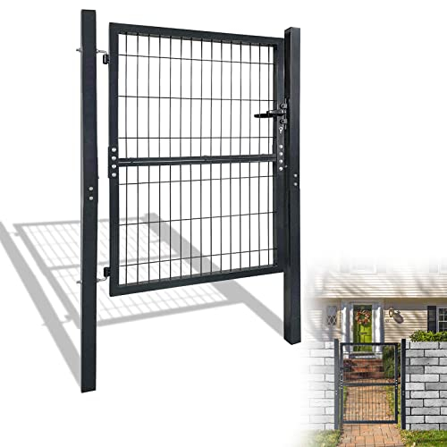 YRHome Portillon de Jardin Grillagé en Acier Anthracite, Porte de Clôture Extérieur pour Cour, Treillis Métallique avec Poignée de Serrure et Clés - 125 x 100 cm