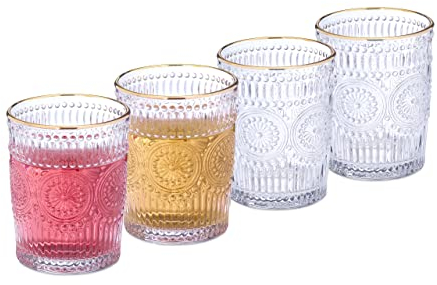 Relaxdays Trinkgläser, 4er Set, 300 ml Volumen, Vintage Gläser mit Goldrand, für Wasser, Saft und Limo, transparent