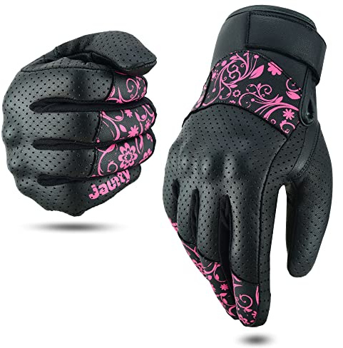 JAUNTY Motorcycle Gloves for Women Leather Riding Touchscreen Gloves for Ladies with Hard Knuckle Perforated Breathable Biker, ATV BMX, Combat Motocross, Riding Racing (Pink, Small)