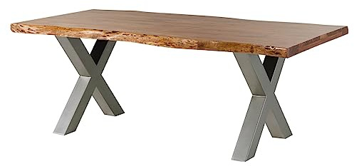 MASSIVMOEBEL24.DE | Baumtisch Akazie Freeform 5 - Verschiedene Größen, Gestelle und Farben, Farbe:Natur lackiert, Größe:220x100 cm, Gestell:X-Beine Silber matt