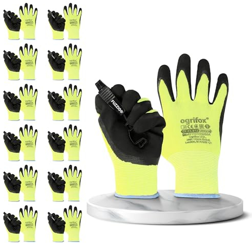 FUZZIO 12 Paar Arbeitshandschuhe Herren Gr 10, Mechaniker Handschuhe neongelbe, Gartenhandschuhe Herren, Arbeitshandschuhe Damen, Montagehandschuhe Herren, Schrumpf Latex Beschichtung Handschuhclip