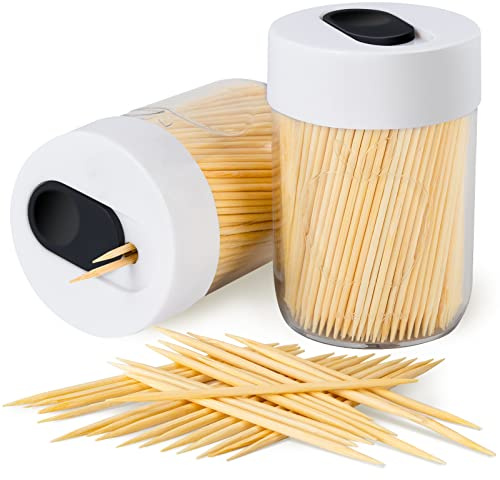 Urbanstrive Sturdy Safe Toothpick Holder with 800 Natural Wood Toothpicks for Teeth Cleaning, Unique Home Design Decoration, Unusual Gift, 2 Pack (White)