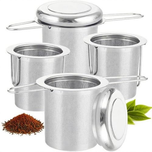 Oungy 4 PCS Tea Strainer with Lid 304 Stainless Steel Tea Infuser Basket for Loose Tea Extra Fine Mesh Tea Diffuser Long Handle Tea Strainers Filters for Hanging on Teapots Mugs Cups