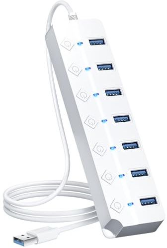 USB Hub 7 Port, USB Splitter with Individual On/Off Switches and Lights | USB 3.0 Hub with 3.3ft Cable, Extender for A Port Laptop, PC, Desktop-White