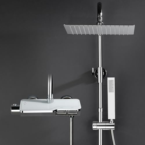 Görbach Columna de Ducha con Grifo, Conjunto Set Ducha Acero Inoxidable con Barra Altura Adjustable, Adaptarse a los orificios existentes, Cabezal Lluvia 25x25 cm y Mezclador Termostático Cromo