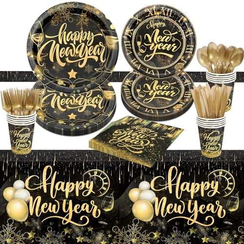 Silvester Deko 2026 Party Set, 81 Stück Happy New Year Partygeschirr Set Silvester Tischdeko Tischdecke Servietten Pappbecher Pappteller Schwarz Gold für Happy New Year Deko 2026