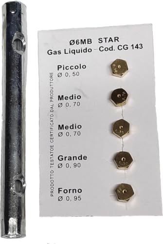 PuntoCasaStore Universal-Düsen-Set 6 MB LPG für Gasflaschen, Gasherde + Rohrschlüssel 6 x 7 verschiedene Größen (klein 0,50 – 2 x mittel 0,70 – groß 0,90 – Loch 0,95)