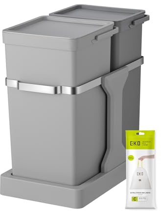 EKO Deco Duo Pull-Out Kitchen Recycling Bin for Cabinet, 35L (20 + 15 L) Dual Compartments, Built-In Under Sink Waste Bin with Smooth, Quiet Sliding Rails and Integrated Handles, Grey