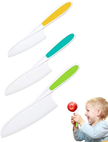 Lambo 3 Kindermesser Set, Kinder Sicherheit Kochmesser Küchenmesser Set, Kinderkochmesser Mit Festem Griff, Gezackten Kanten, Zum Schneiden Kochen Von Gemüse Lebensmittel