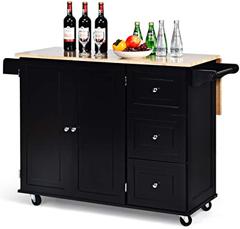 COSTWAY Küchenwagen auf Rollen, Servierwagen mit klappbarer Arbeitsplatte & Handtuchhalter & Schubladen, Küchenschrank Holz, Kücheninsel Kücheninselwagen Rollbar, 136x76x91cm (Schwarz)