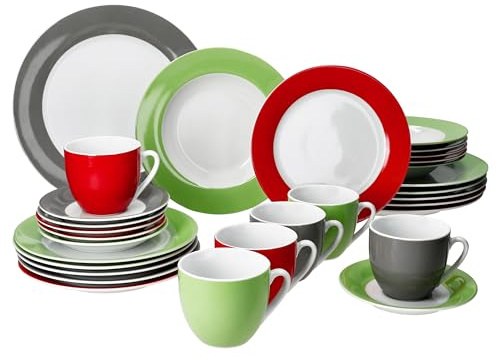 MamboCat Variant Trio 30tlg Kombiservice I Porzellan-Geschirrset mit Rand in Grün, Rot & Grau für 6 Personen I Je 6X Kaffeetassen 200ml, Untertassen, Kuchenteller, Suppenteller & Speiseteller