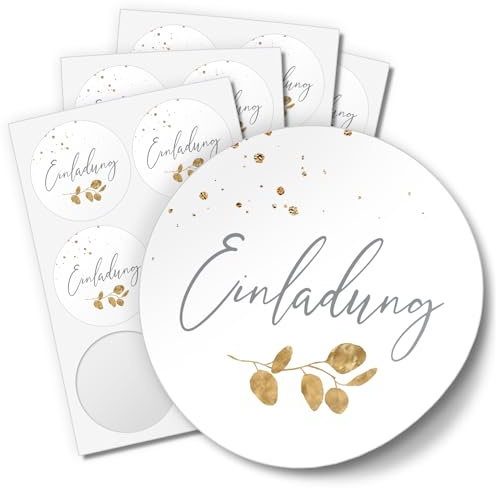 Einladungskarten Manufaktur Hamburg 48 Aufkleber EINLADUNG für Hochzeit Geburtstag Danke Taufe Etiketten rund 4cm, Eukalyptus Goldoptik