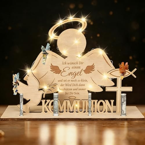 Kommunion Geschenke für Mädchen Junge, Holz Konfirmation Geschenk Kommunion Mädchen Junge mit Weiß LED Lichterkette, Geldgeschenke Kommunion Konfirmation Taufgeschenke für Mädchen Kommunionsgeschenke