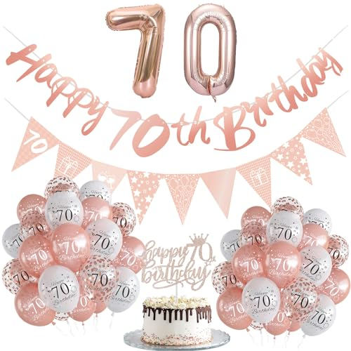 70th Birthday Decorations Set for Women - Rose Gold Confetti Balloons, Happy Birthday Banner, Foil Balloon, Ribbon, Cake Topper - 24Pcs Party Supplies for Her Him 70 Year Old Celebration