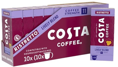 Costa Lively Blend Nespresso Compatible Aluminum Coffee Capsules (Pack of 10, Total 100 Pods)