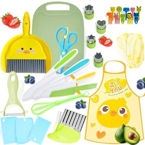 Mauepersu Kit Couteau de Cuisine pour Enfants - 31 Pièces Avec Couteau Ondulé et Planche à Découper - Sécurité Montessori pour Couper Fruits ou Légumes