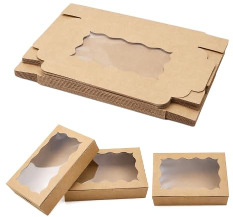 HENGBIRD 20 Stück Keksschachtel mit Sichtfenster Braune Papier Cupcake Box Kraftpapier Gebäckkarton 17,8 x 11 x 3,9 cm Tortenschachtel mit Klarem Fenster Karton Snackbox Desserts Muffin Transportbox