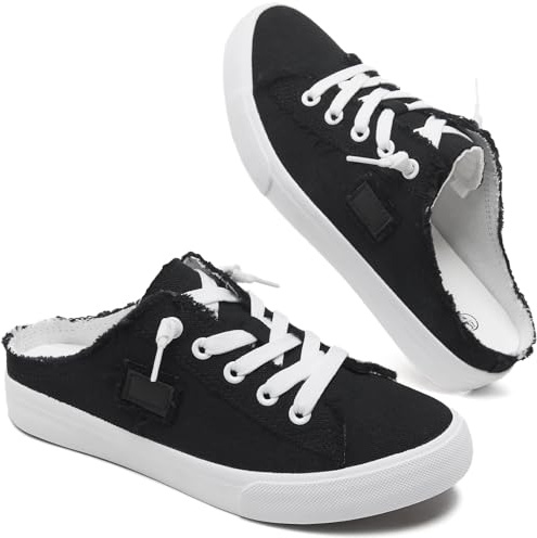 BENPAO Womens Canvas Mules White Slip on Fashion Sneakers Black Loafers Comfortable Casual Shoes for Women(Black,US7)