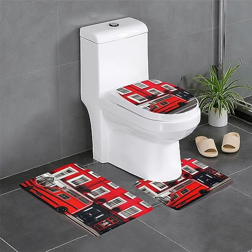 MDATT London Street Weihnachts-Badezimmerteppich-Set, 3-teilig, Badematten für Badezimmerboden, mit U-förmigem WC-Vorleger