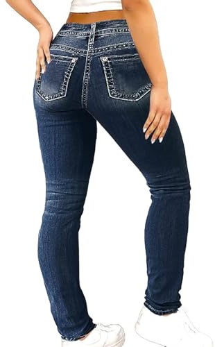 Flamingals Women's Butt Lifting Skinny Leg Jeans Stretchy Tummy Control Mid Rise Denim Jeans Dark Blue XL