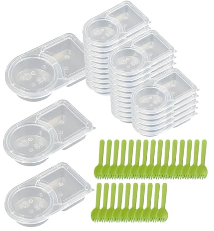 RHBTH 25 recipientes reutilizables para aperitivos + 25 cucharas y 25 tapas, caja de aperitivos con compartimentos dobles, 60 ml + 70 ml, cajas para salsas, especias, especias, recipientes con tapa