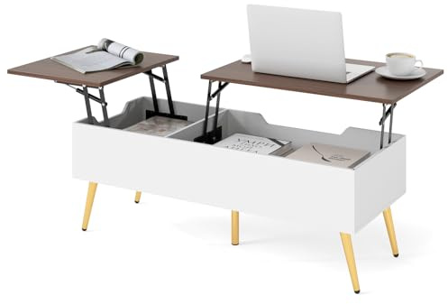 COSTWAY Mesa de Centro Elevable, Mesa Central de Café con Tablero Elevable, 2 Compartimentos Ocultos, Mesita de Cóctel con Patas Metálicas para Salon, Oficina, 111 x 48 x 40-53,5 cm (Nogal+Blanco)