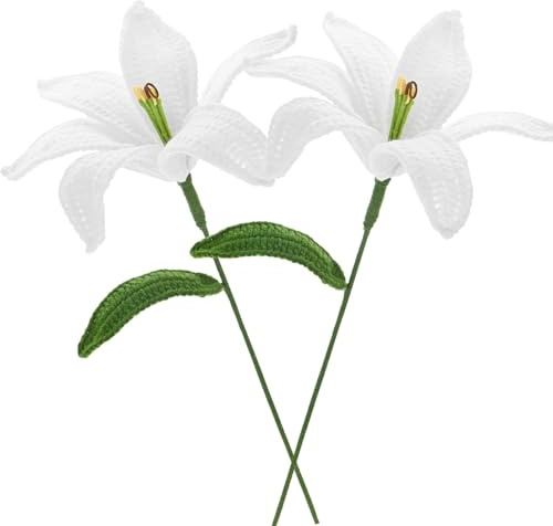 M METERXITY 2-Pack Crochet Flowers, Knitted Artificial Wool Lily for Mother's Day/Wedding/Birthday/DIY Decor, Handmade Knitted Flowers [White]
