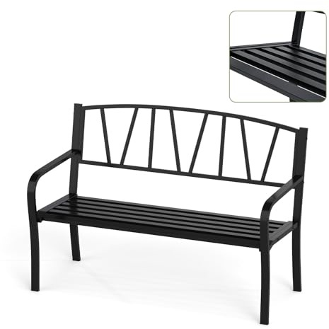 KOMFOTTEU 2 Sitzer Gartenbank, Parkbank mit Rückenlehne & Armlehnen, Sitzbank aus Metall bis 300 kg belastbar, Außenbank für Balkon Garten Terrasse, Schwarz (Modell 4, 128x60x86cm)