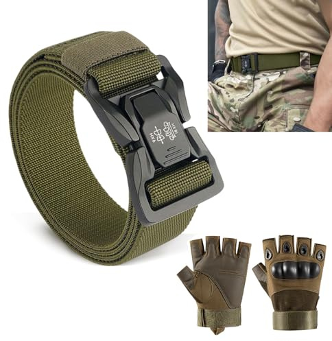 SMYJDMM Tactical Belt, Nylon Belt, Quick Release Tactical Belts Work Belts with 2Pcs Glove for Men for Military Work Hiking Rigger Fireman Sport Outdoor Gear (Army Green)