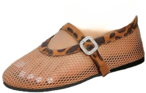 Women's Fashionable Solid Color Hollow Out Design Mary Jane Shoes, Flats Sandals, Casual Comfy Ballerina Summer, Lightweight Breathable for Girl, Ballet Mesh Barefoot Sneakerina Plus Size Office Beach (leopard print,9.5)