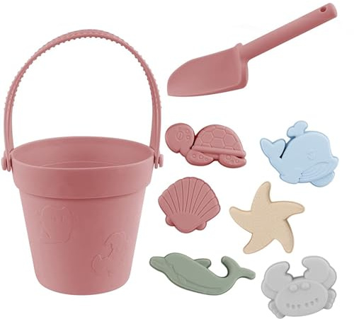 11-teiliges Sandspielzeug-Set, lebensmittelechtes, buntes Silikon-Strandspielzeug mit Netztasche, inklusive Schaufel, Eimer, Sandformen und zufälligen Autos, wasserdichtes Sandkastenspielzeug für