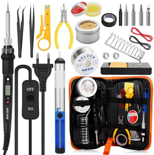 SaiXuan Saldatore a Stagno 80W con Display Digitale (350–500℃), Kit Saldatura 21 in 1 con 5 Punte, Pompa Dissaldante, Supporto, Attrezzi Completi ed Astuccio PU – Per Riparazioni ed Elettronica