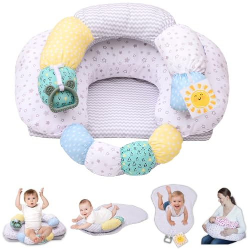 MIIMER 4-in-1 Tummy Time Baby Mat & Seated Support Cushion, Detachable Nursing Pillow with High, Firm, Large Area, Removable and Machine Washable Slipcovers, Baby Play Mat and Toys 0-24 Months